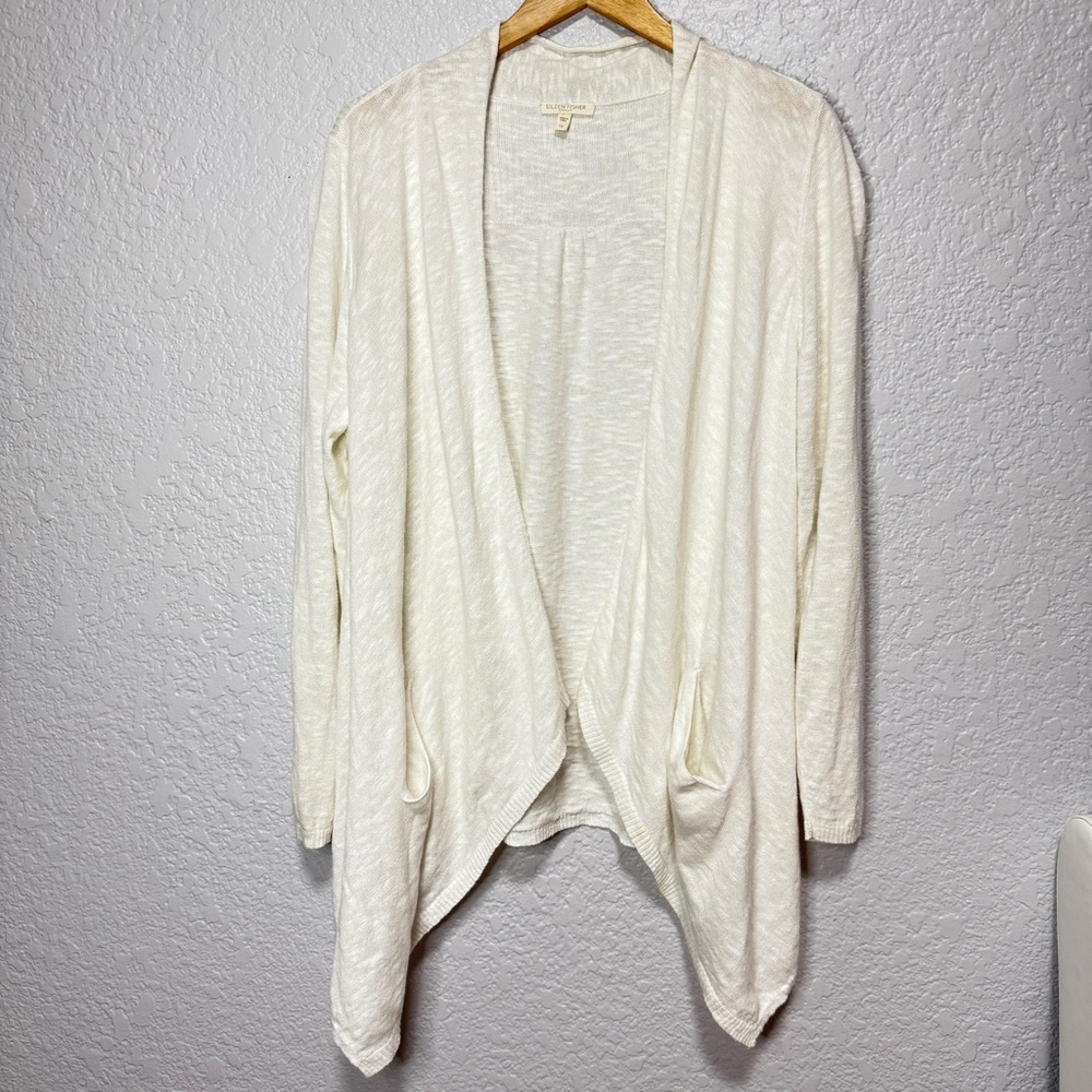 Eileen Fisher Women Cardigan Sweater Size Plus 1X Open Front Linen Cotton Blend
